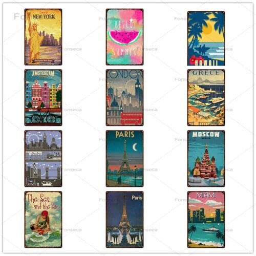 Vintage Travel City Metal Sign Modern Home Decoration Rome London Iron Painting Bar Pub Wall Art Retro Tin Poster 20x30cm