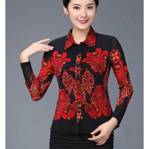 2019 Spring Fall Fashion Women Slim 3xl 4xl Floral Print Long Sleeve Mesh Blouse Shirt , Womens Woman Tops And Blouse Clothes