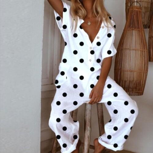 Four Leaf Clover Dot Print Womens Jumpsuit V-neck Short Sleeve Loose Jumpsuit Female 2021 Summer Elegant Casual Ladies Rompers