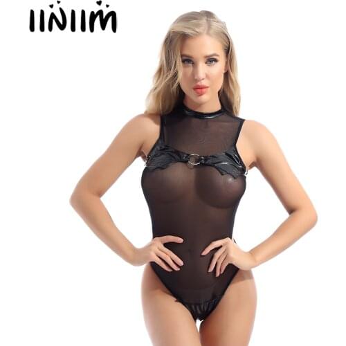 Iiniim Women Teddies Patent Leather Patchwork Bodysuit Mock Neck Sleeveless See-through Mesh Catsuit Leotard Cosplay Costume