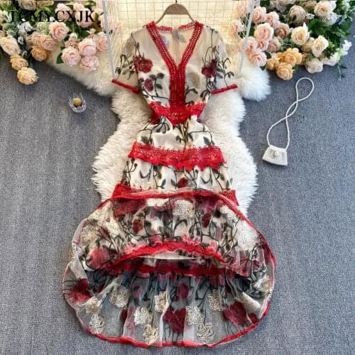 2021 Summer Vintage Short Sleeve Lace Sexy dress A-line Elegant Midi Dress Print Floral Boho Embroidery Party Dresses Women