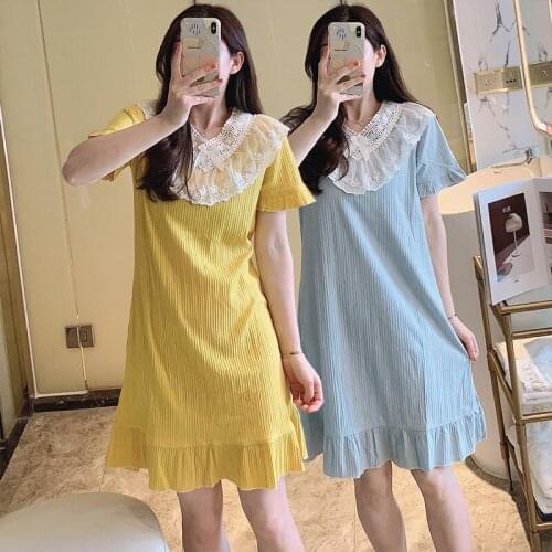 2021 Summer Princess Short Sleeve Cotton Nightgowns for Women Cute Lace V-neck Sleepwear Night Gown Nightdress Home Dress Nighty