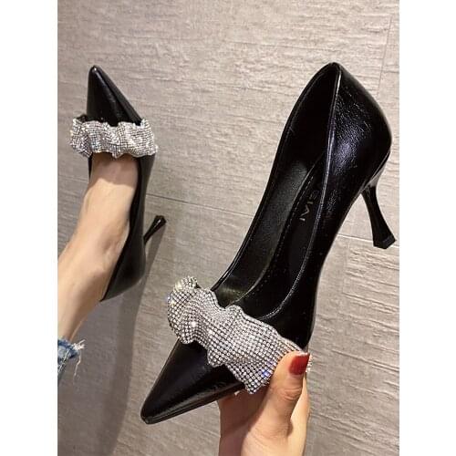 Women Black Heel Sandals Ladies Branded Pumps Lace-Up Shallow Mouth Slip On Work Pointed Dress Shoes