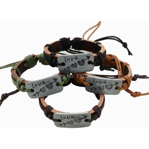 12pcs Cupids Arrow Love Heart Bracelets Men Womens Handmade Leather Hemp Adjustable Couple Bracelets MB47