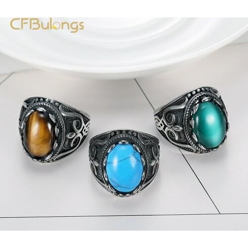 CFBulongs Vintage Natural Oval Opal Blue Green Stone Mens Ring 316L Stainless Steel Signet Ring Punk Hip Hop Jewelry Party Gift