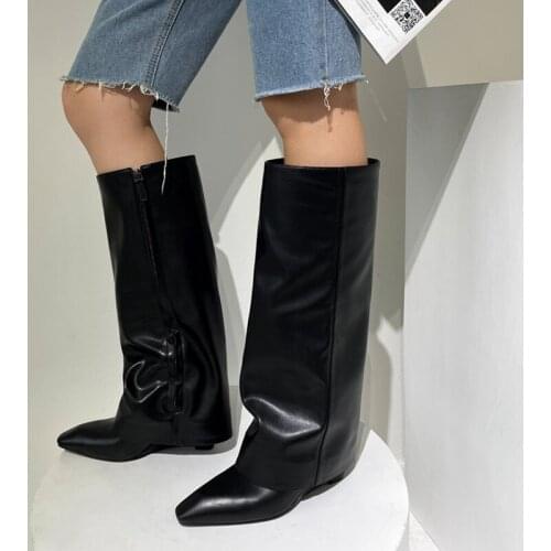 Black Leather Wedges Trouser Boots Knee High Boots Patent Leather High Heels Long Boots Pointed Toe Side Zip Women Boots Botas