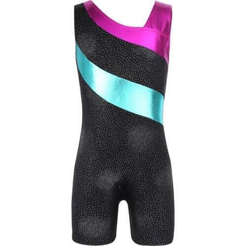Kids Girls Dance Leotard Bodysuit Sleeveless Glittery Splice Ballet Gymnastics Jumpsuit Unitard Performance Costume Dancewear