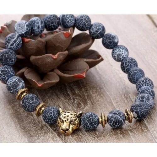 8mm elastic thread Reiki Buddha Prayer Yoga Bracelet hy424 adjusted black weathered bead agate Leopard head Bangles