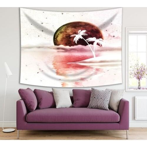 Tapestry Stars Palm Trees Island Nostalgic Dreamland with Super Moon over the Sea Vintage Style Art Brown Pink Beige