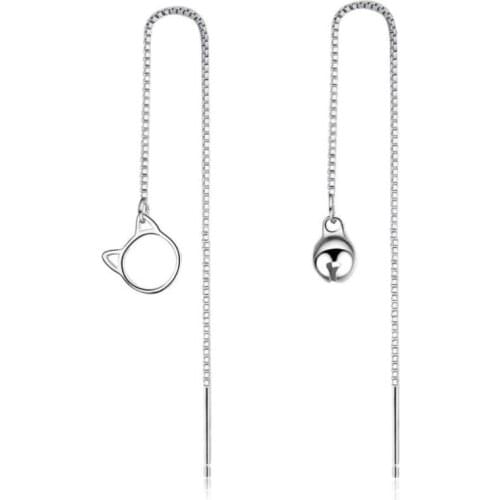 Korean Style Ear Line Exquisite Female 925 Sterling Silver Jewelry Asymmetry Cute Cat And Bell Personality Dangle Earrings SE468