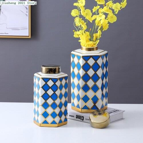 Ceramic Hexagonal Bottle Black and White Grid Porcelain Storage Jars Modern Ceramic Vase Home Office Wedding Holiday Decoration