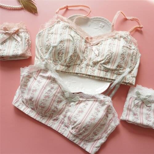 Girly girl cute no steel ring bra set thin cup chiffon ice cream printed lace underwear cotton floral comfortable lingerie set