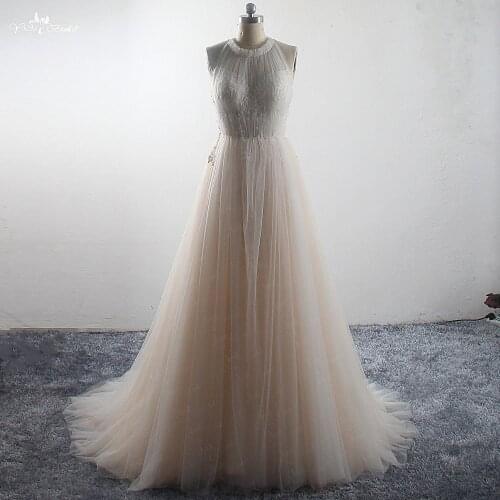 LZ303 Soft Tulle Wedding Dress Backless Light Champagne Dress Glittering Crystal Appliques Bridal Dress Illusion Back Dress