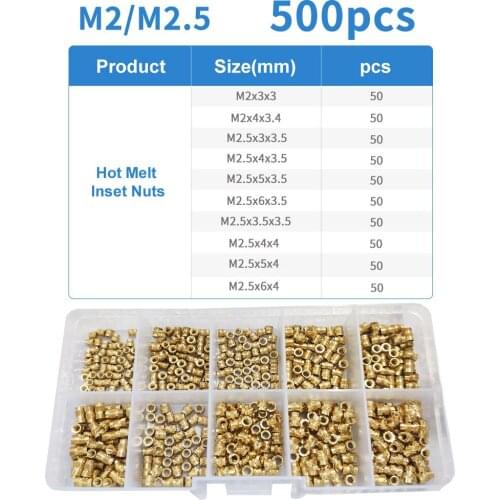 M2 M2.5 M3 M4 M5 M6 Brass Hot Melt Inset Nuts Assortment Kit Thread Copper Knurled Threaded Insert Embedment Nuts Set