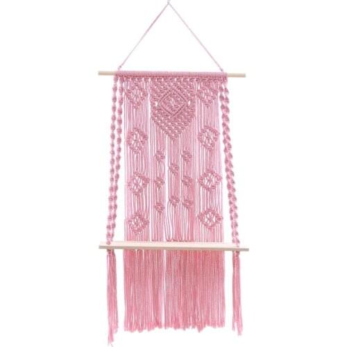 Handmade Macrame Wall Hanging Shelf, Boho Decorative Floating Plants Hanging Shelf Wooden Storage Hanger Pink