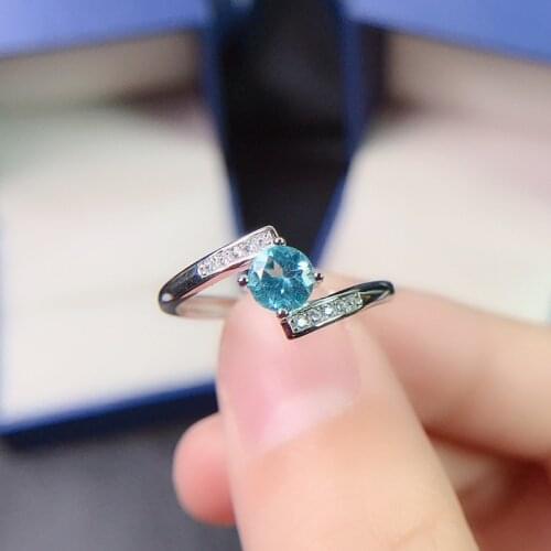 Natural Apatite Ring 5mm Round Cut Genuine Blue Gemstone Fine Jewelry for Girl Anniversary Gift Real 925 Sterling Silver