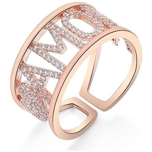 Engagement Rings for Women CZ Zircon Adjustable Open Ring Rose Gold Alphabetic Luxurious Jewelry Lover Anniversary Gift 2021