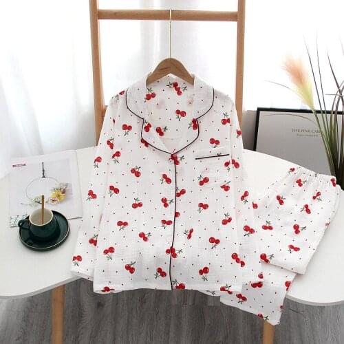 Autumn Cute Cherry Printing Pajamas for Women Lapel Plus Size Loose Long Sleeve Long Pants Sleepwear Cotton Crepe 2 Piece Set