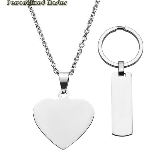 Personalized Master Customized Name Date Text 2pcs Heart Dog Tag Pendant Keychain Necklace Set for Couples Best Friends gift