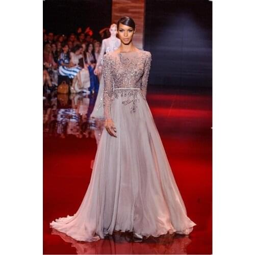 Prom Dresses Sheer Long Sleeve A-Line Floor-Length Chiffon Prom Gowns
