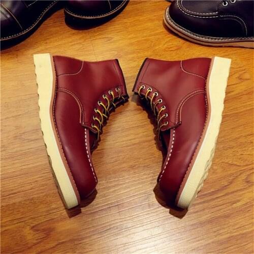Luxury Brand Handmade Vintage Men Shoes High Quality Genuine Leather Red Ankle Boots Wings Motorcycle Boots Lace-up Work Boots