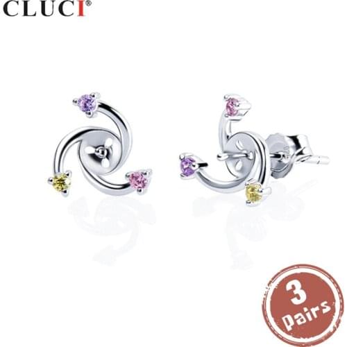 CLUCI 3 pair wholesale 925 Sterling Silver Earrings for Women Pearl Earring Mountings Silver 925 Zircon Earrings Jewelry SE071SB