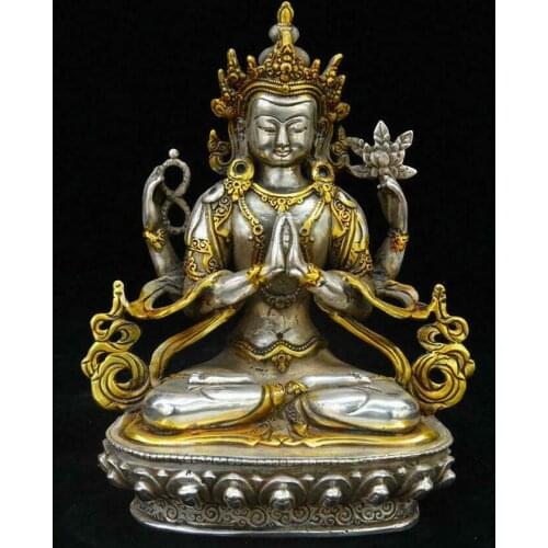 Old Tibet Silver Gilt 4 Arms Chenrezig Goddess Buddha Avalokiteshvara God Statue