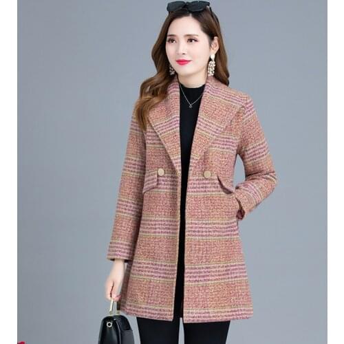 2020 spring autumn elegant plaid women fashion woolen coats ladies casual turn-down collar coats female outwear