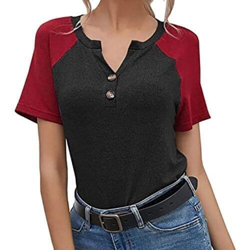 Womens Color Block Button T-Shirt Casual Short Sleeve V-Neck Summer Tops