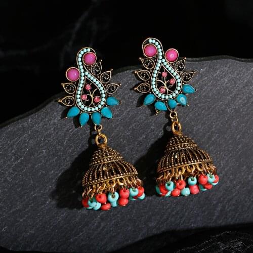 Earrings For Women Indian Jewelry Pendientes Vintage Metal Water Drop Hollow Long Earrings Thailand Ethnic Stone Beaded Earrings
