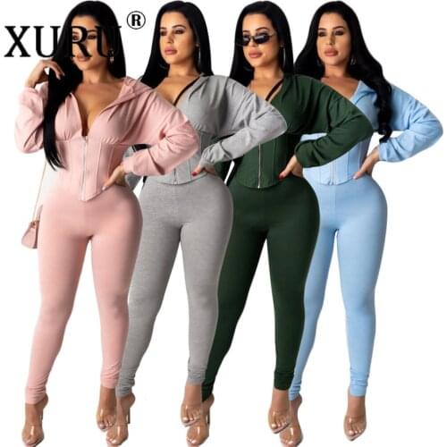 XURU European and American Womens Waist Shaping Casual Jumpsuit Two-piece Suit Autumn New Hooded Jumpsuit Suit