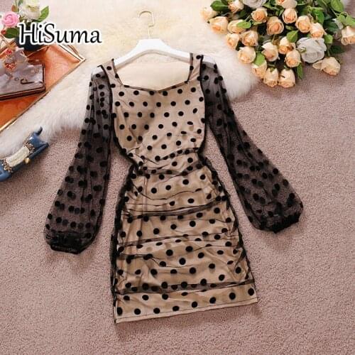 2021 summer new women square collar lantern sleeve dot organza sheath dress female Chic elegant tight buttocks mesh dresses