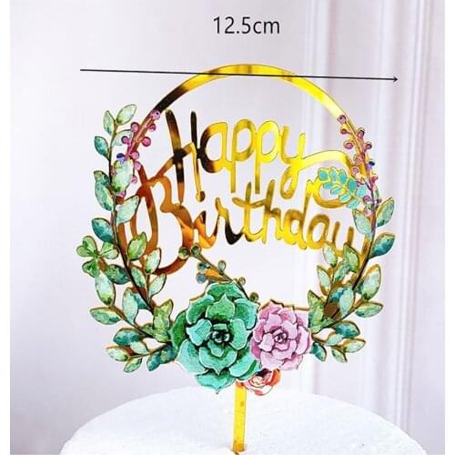 Rose Flowers Happy Birthday Acrylic Cake Toppers Gold Birthday Cake Topper Decor for Wedding Birthday Party Cake Decorations New