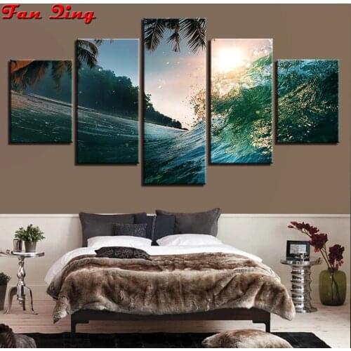 5 Pcs 5D DIY Diamond Painting Cross Stitch Sunset Embroidery Sea Wave Mosaic Scenery Handicraft Picture Rhinestone
