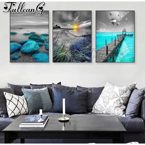 FULLCANG 5d diy diamond embroidery seaside scenery diamond painting triptych full square round drill 3pcs/set home decor FC2922