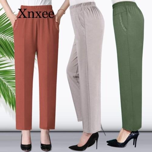 Office Style Middle Aged And Old Women Spring Summer Pant Thin Elastic Waist Loose Cotton Mother Long Casual Trousers Plus size