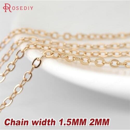 2 Meters width:1.5MM 2MM 24K Champagne Gold Color Brass Flat Oval Chains Necklace Chains High Quality Jewelry Accessories