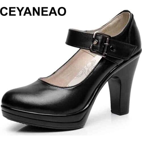 CEYANEAO 2019 Spring Autumn Round Toe Ankle Strap Pumps Genuine Leather Platform High Heels Work Shoes WomanE1515
