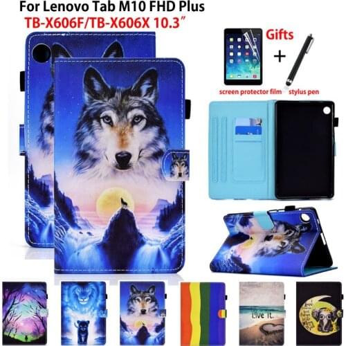For Lenovo Tab M10 FHD Plus Case Cover 10.3 TB-X606F TB-X606X Funda Tablet Cartoon Lion Wolf Stand Skin Shell Capa Coque +Gift