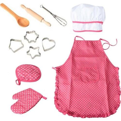 11/14 pcs Apron for Little Girls Cooking Baking Set Chef Hat Mitt & Utensil for Toddler Dress Up Chef Costume Role Play 2021