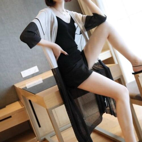 Contrast Ice Silk Long Knitted Cardigan Ladies Three Quarter Thin Open Stitch Black Yellow Sweater Ladies Sheer Cardigan Woman