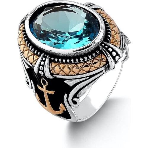 Silver Anchor Figure Men Ring, Blue Aquamarine Gemstone Men Ring, Handmade Sailor Jewelery, Solid 925 Sterling Silver Accessory