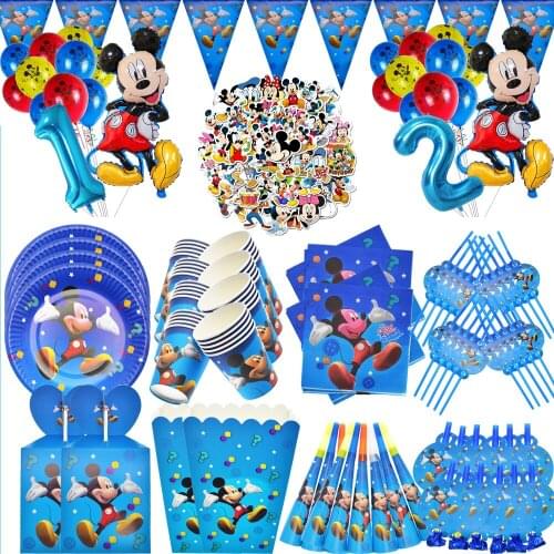 Mickey Mouse Blue Theme Birthday Party Supplies Balloons Set Plates Cups Napkins Tablecloth Baby Shower Decoration Kids Boys