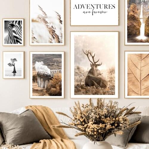 Red Deer Zebra Mountain Waterfall Reed Wall Art Canvas Painting Nordic Posters And Prints Wall Pictures For Living Room Decor