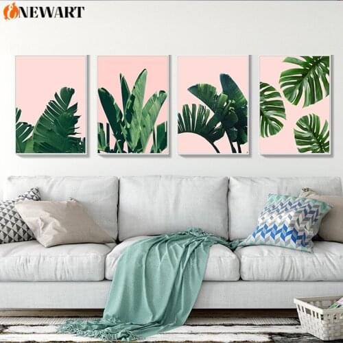 Nordic Pink Wall Art Tropical Leaf Canvas Painting for Living Room Monstera Wall Poster Print Green Plant Modern Decoration Art