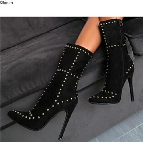 Olomm New Handmade Women Ankle Boots Studded Stiletto Heels Boots Pointed Toe Super Sexy Club Wear Shoes Women Plus US Size 5-15