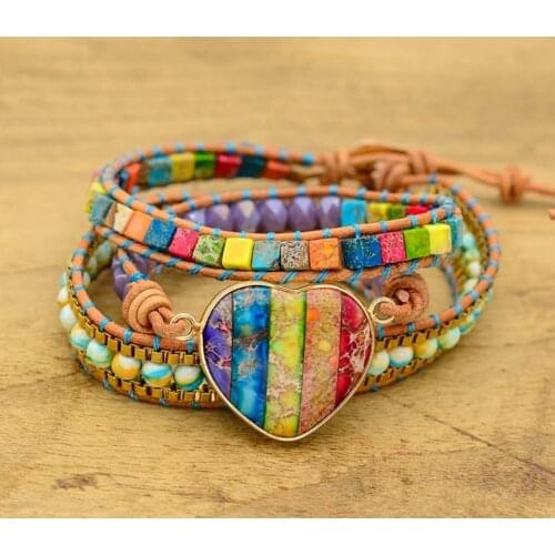 Romantic Spirit Chakra Leather Wrapped Bracelet W/ Mixed Stone Heart Shaped 3 Stranded Bracelet Classic Jewelry