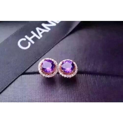 Natural amethyst stud earrings 925 silver natural crystal earrings women Classic elegant round fashion fine Earrings jewelry