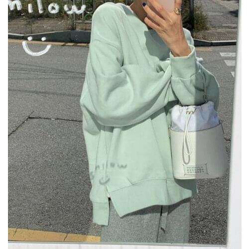 Snordic Women Autumn Winter Candy Color Loose Hoodie Round Collar Pullovers Sweatshirt with Velvet Split Hem Hoodies Hoody