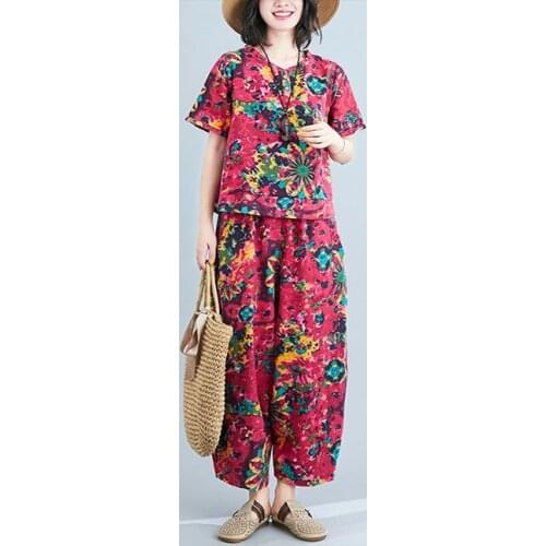 2021 Middle Aged Women Print Loose and Top Wide Leg Pants Two Piece Clothes Set Loose Female Summer Casual Fashion Suits L528